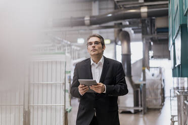 Mature businessman using tablet in a factory - DIGF10668