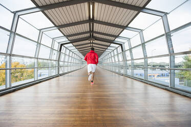 Rückansicht eines jungen Mannes, der auf einem Skywalk läuft - DIGF10824