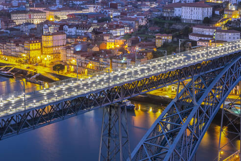 Portugal, Porto District, Porto, Aerial view of Dom Luis I Bridge at night - RPSF00317