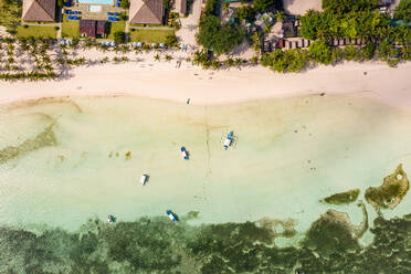 Aerial view of Dumaluan Beach with reef and boats, Panglao,Bohol,Philippines - AAEF08374