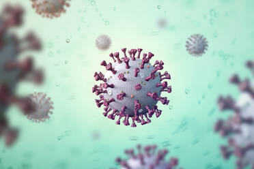 Medical illustration, Coronavirus virus microbe with spikes of glycoproteins, M-Proteins, E-Proteins and Hemmagglutin-esterase, on a grey background - ISF24142