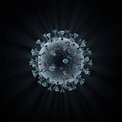 Medical illustration, Coronavirus virus microbe with spikes of glycoproteins, M-Proteins, E-Proteins and Hemmagglutin-esterase, on a grey background - ISF24143