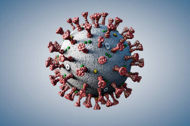 Medizinische Illustration, Mikrobe des Coronavirus mit Spitzen von Glykoproteinen, M-Proteinen, E-Proteinen und Hämagglutin-Esterase, auf grauem Hintergrund - ISF24144
