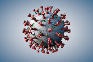 Medical illustration, Coronavirus virus microbe with spikes of glycoproteins, M-Proteins, E-Proteins and Hemmagglutin-esterase, on a grey background - ISF24144