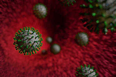 Medical illustration, floating corona virus cells inside human body. - ISF24146