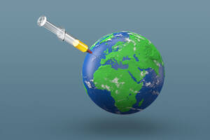 Planet earth globe 3D rendering of the earth with a syringe needle inserted, a vaccine immunization or treatment. - ISF24147