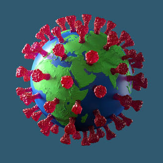 Planet earth illustrated as a coronavirus microbe, 3D Rendering on grey background with red protein spikes. - ISF24148