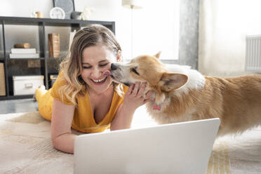 Happy woman using laptop in living room at home with dog licking over her face - VPIF02472