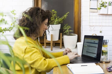 Woman using laptop at desk in home office - ERRF03780