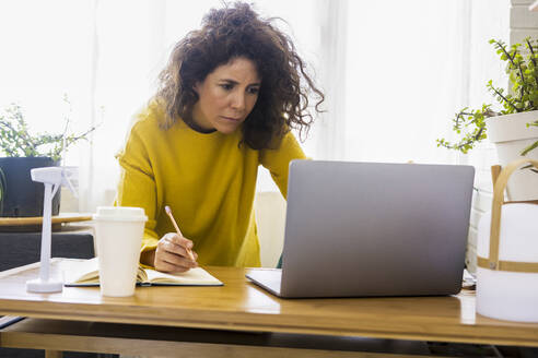 Frau arbeitet am Schreibtisch im Heimbüro und macht sich Notizen - ERRF03791