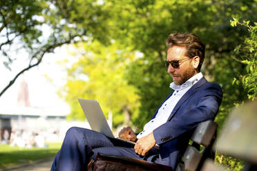 Businessman sitting on bench in a park working on laptop, Frankfurt, Germany - PUF01886