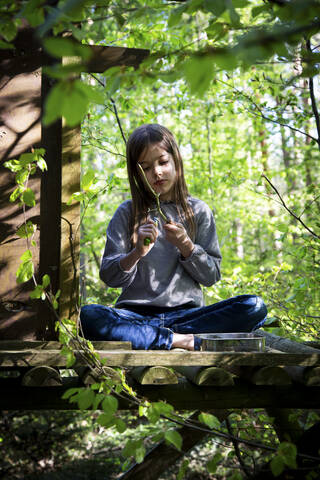 Girl carving a piece of wood sitting on raised hide in the woods stock photo