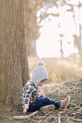 Toddler boy sitting against a tree in the woods - CAVF80872