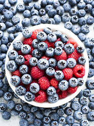 Bowl of blueberries and raspberries with blueberries all around the bowl. - CUF55111