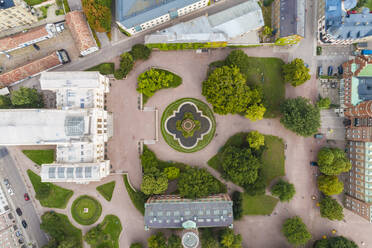Birds eye view of Lund University near Malmoe and the courtyard and formal garden. - CUF55158