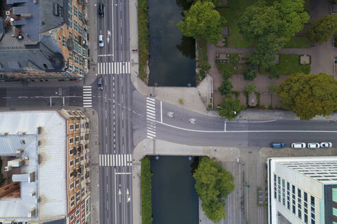 Birds eye view of a road junction over a river in Malmo. - CUF55159