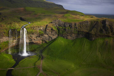 Aerial shot of the waterfall Seljalandsfoss in south Iceland - CAVF81265