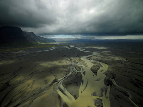 Aerial shot of meandering glacier rivers in south Iceland stock photo