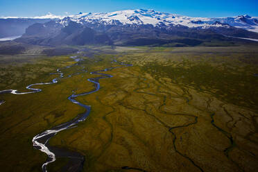 Aerial shot of meandering glacier rivers in south Iceland - CAVF81270