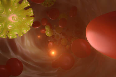 3D-Darstellung von roten Blutkörperchen und Coronavirus im Blutkreislauf - SPCF00666