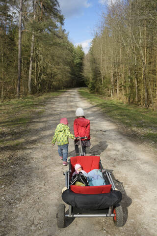 Rückansicht von zwei kleinen Schwestern, die eine Draisine auf einem Waldweg ziehen, lizenzfreies Stockfoto