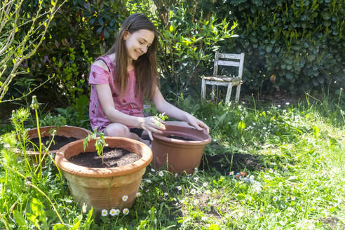 Lächelndes Mädchen beim Eintopfen von Tomatenpflanzen in einem Garten - SARF04585