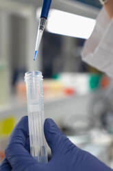 The lab technician performs the experiment by injecting the blue liquid into a test tube - CAVF81443