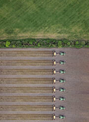 Russia, Aerial view of row of tractors plowing brown field - KNTF04634