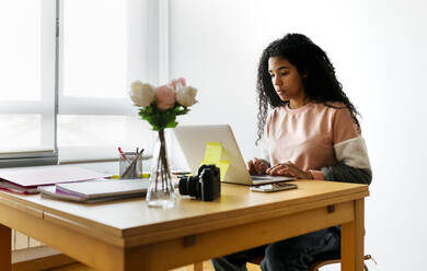 Young woman working from home using laptop - MGOF04296