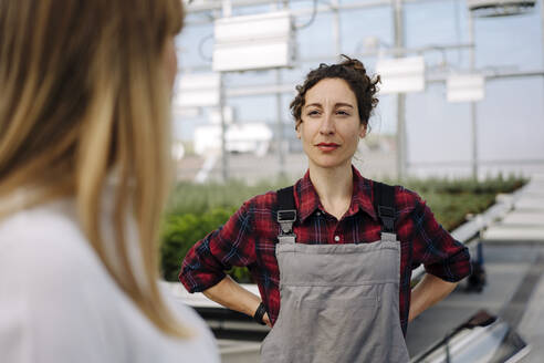 Gardener looking at businesswoman in greenhouse of a gardening shop - JOSEF00669