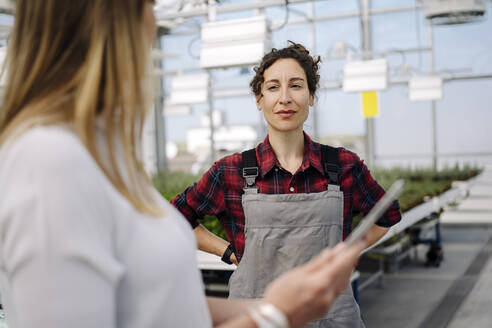 Gardener looking at businesswoman in greenhouse of a gardening shop - JOSEF00670