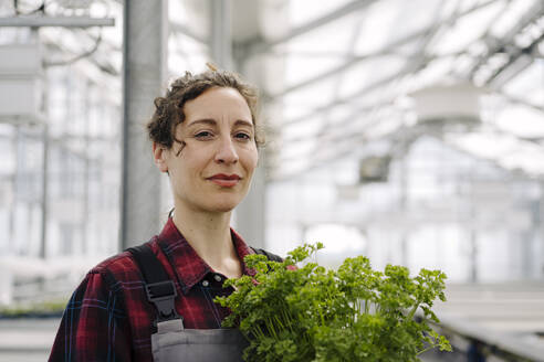 Portrait of confident woman with parsley plant in greenhouse of a gardening shop - JOSEF00679