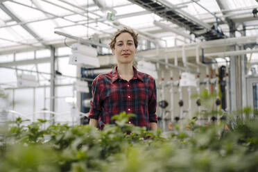 Portrait of confident woman in greenhouse of a gardening shop - JOSEF00680