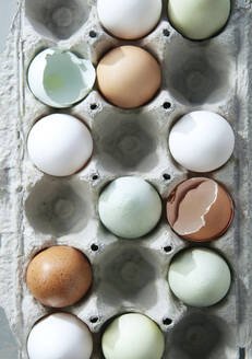 Karton mit Bio-Eiern aus Freilandhaltung Vogelperspektive - CAVF81889