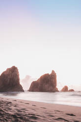 Rock formations at Ursa Beach against clear sky during sunset, Lisboa Region, Portugal - FVSF00330