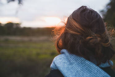 Young woman with brown hair against cloudy sky in park during sunset, rear view - FVSF00360