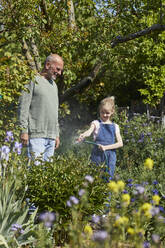 Grandfather and granddaughter watering flowers in allotment garden - MCF00866