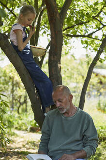 Entspannter Großvater und Enkelin im Garten, die ein Buch lesen und Erdbeeren essen - MCF00877