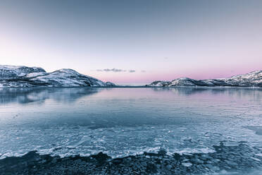 Coastal landscape in winter with frozen Lakse Fjord, Lebesby, Norway - WVF01634