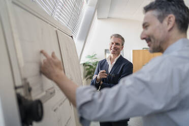 Lächelnder Geschäftsmann, der einem männlichen Unternehmer zuhört, der während einer Besprechung im Büro seine Strategie am Whiteboard erklärt - DIGF11286