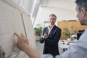 Confident mature businessman looking while listening to male colleague explaining strategy over whiteboard at office during meeting - DIGF11287