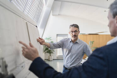 Selbstbewusster reifer männlicher Fachmann, der einem Geschäftsmann im Büro während einer Besprechung die Strategie erklärt - DIGF11290