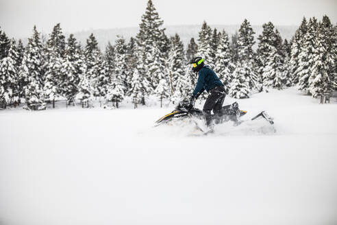 Seitenansicht eines Mannes beim Schneemobilfahren an einem verschneiten Tag. - CAVF82044
