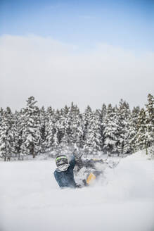 Rückansicht eines erfahrenen Fahrers, der mit dem Motorschlitten durch den Pulverschnee fährt. - CAVF82048