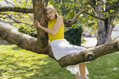 Porträt einer lächelnden Frau, die in einem Baum in einem Park sitzt - MFF05701