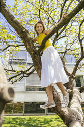 Porträt einer glücklichen Frau, die auf einem Baum in einem Park steht - MFF05703