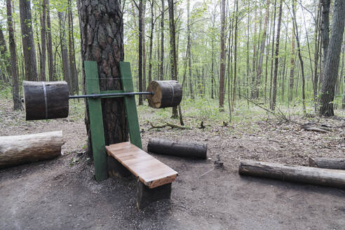 Wooden exercise equipment in the forest - AHSF02650