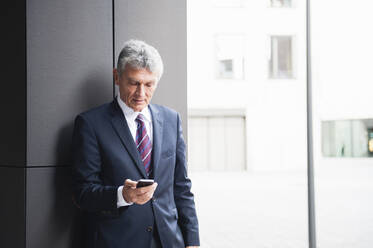 Portrait of senior businessman looking at cell phone outdoors - DIGF12091