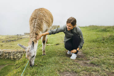 Eine junge Frau sitzt neben einem Lama, Machu Picchu, Peru - CAVF82416