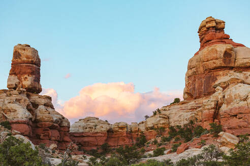 Blue skies and pink clouds over red sandstone towers in canyonlands - CAVF82473